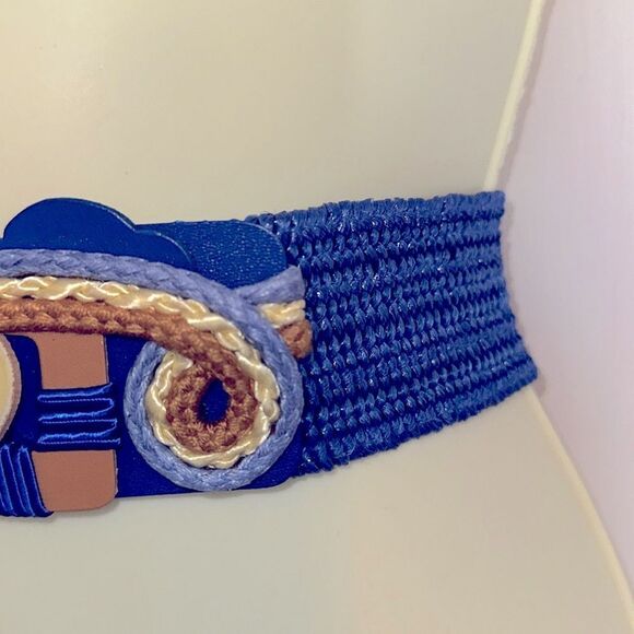 Vtg 80s/90s layered blue, yellow & tan elastic stretch belt/brass floral detail - Picture 2 of 6